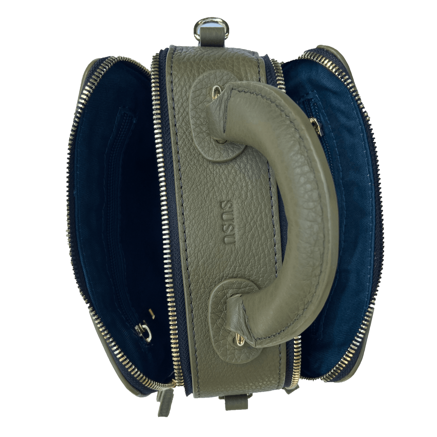 SUSU Taylor olive green bag interior showing black lining and zippered pockets