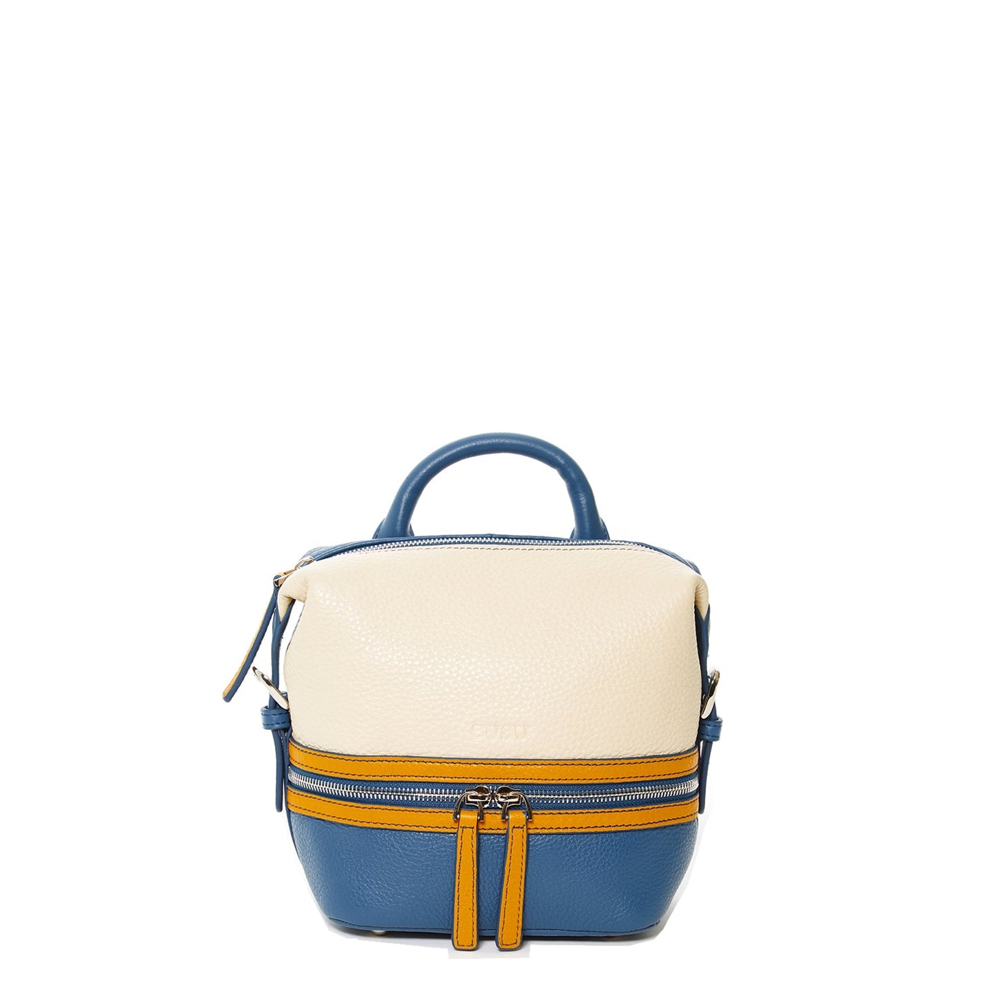 SUSU Ashley blue white yellow leather convertible backpack with silver hardware and tassels