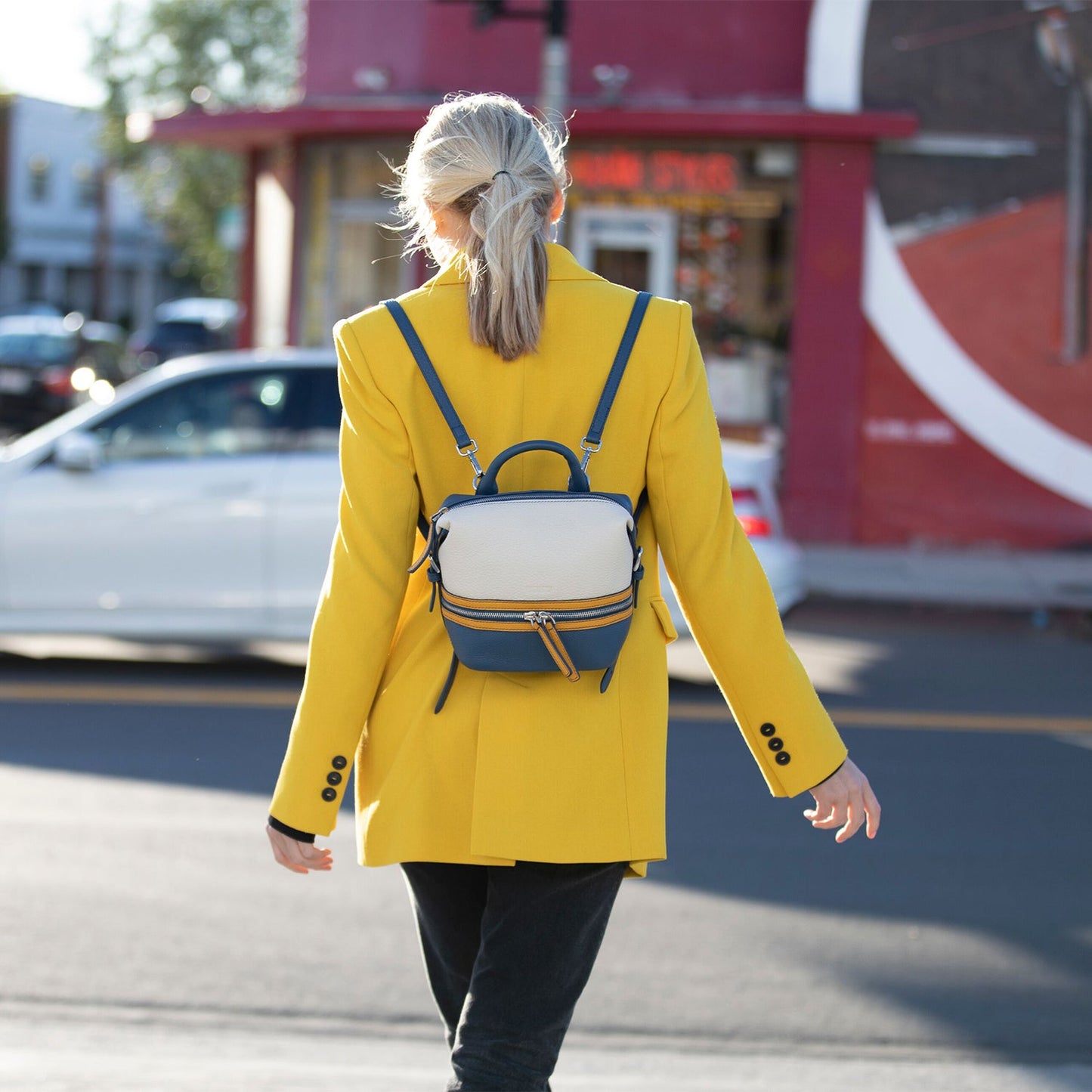 Women's Blue White Yellow Leather Convertible Backpack - SUSU Ashley Medium Purse - Diazza
