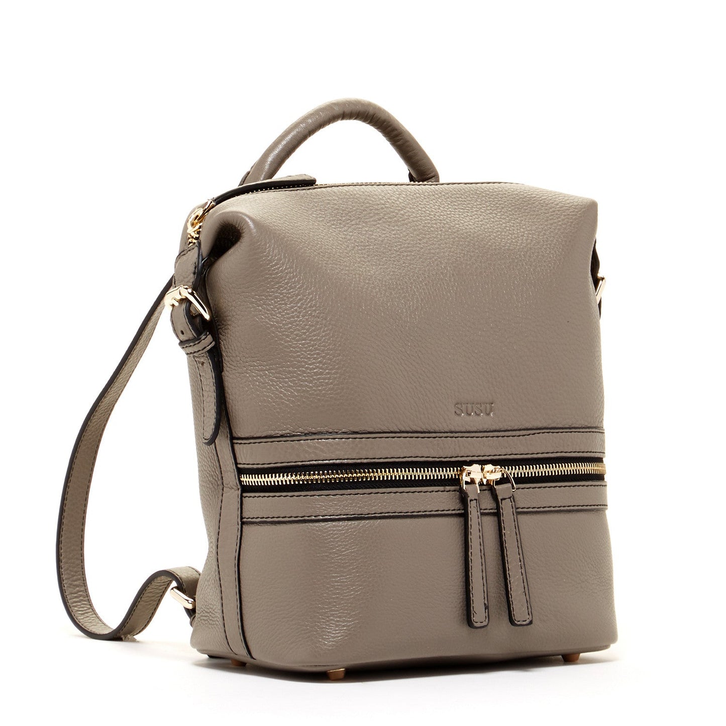 SUSU Ashley grey leather backpack front view showing leather tassels and zippers