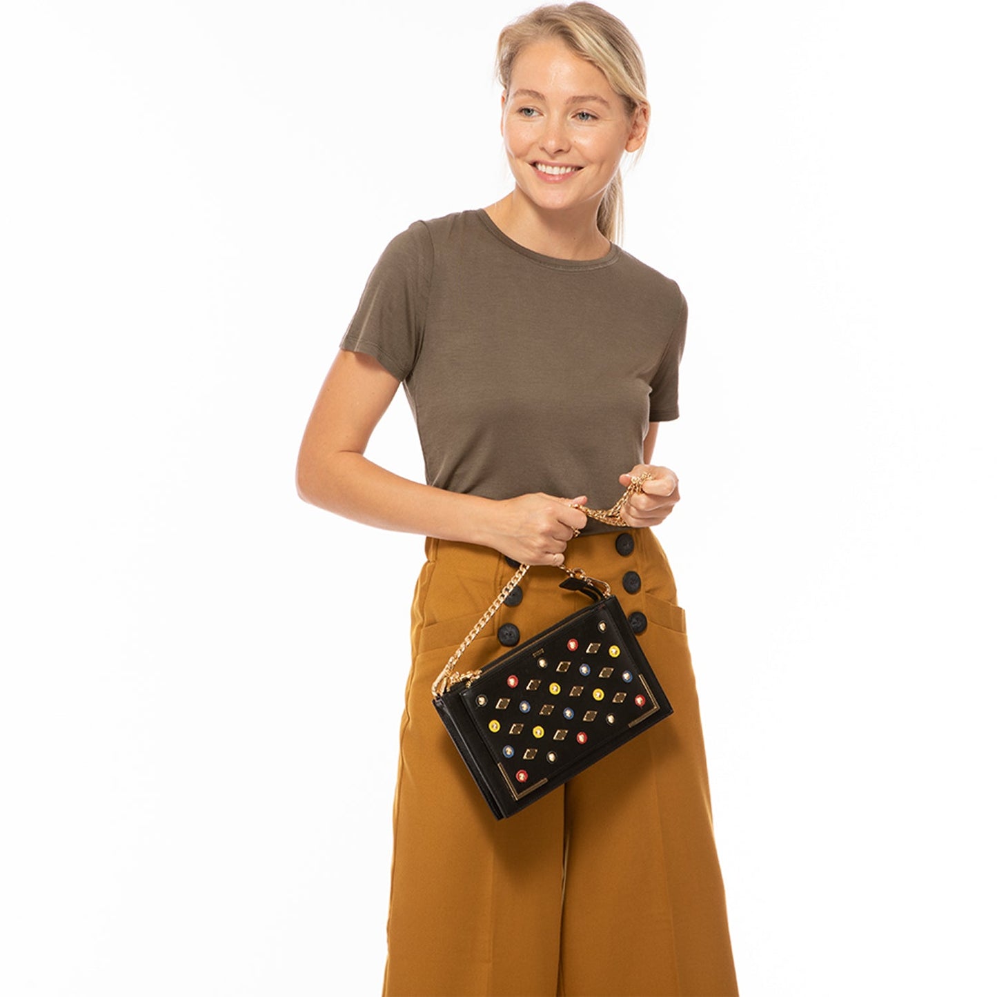 Women's Black Studded Crossbody Clutch - SUSU Austin Convertible Leather Purse - Diazza
