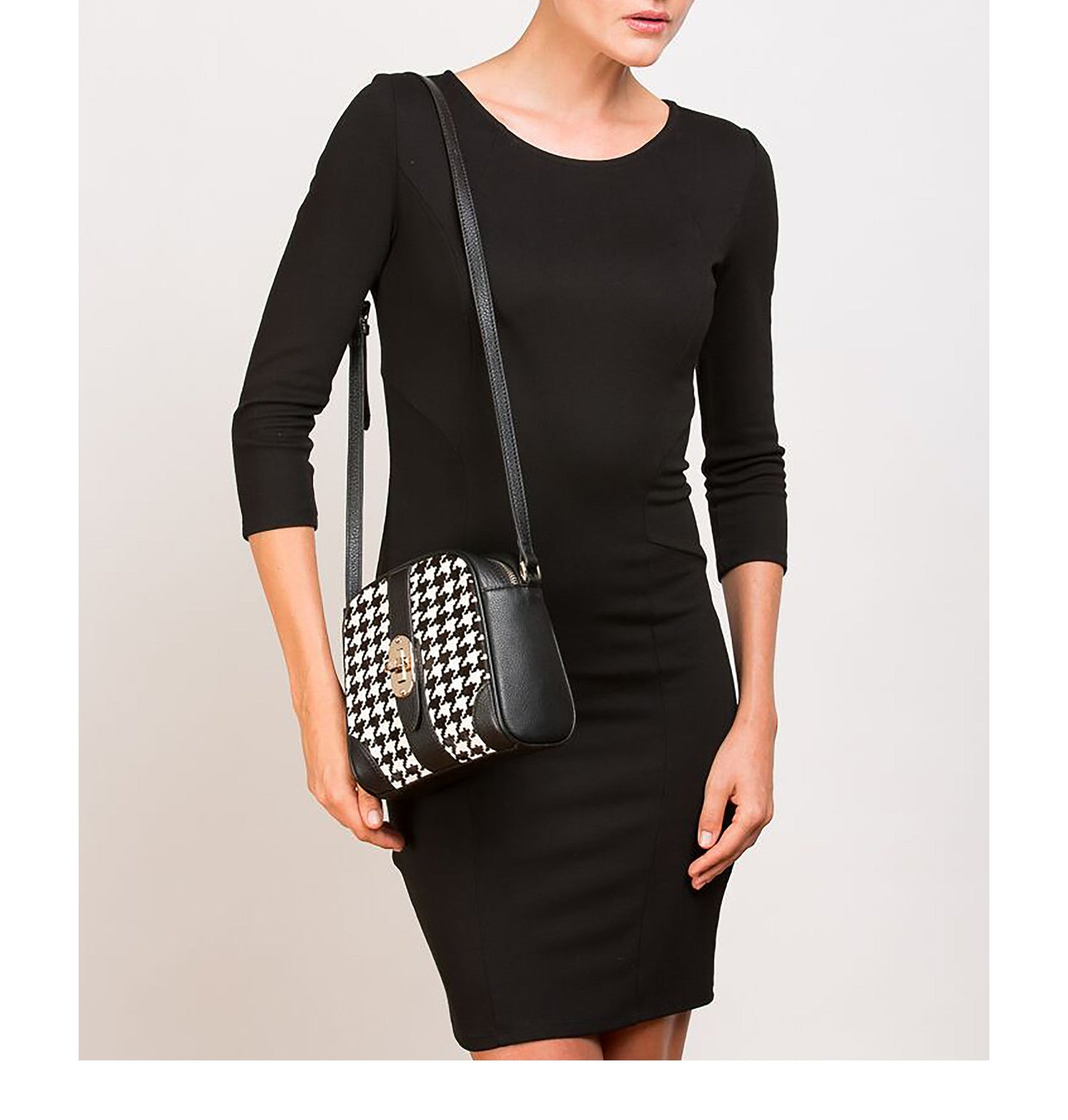 Women's Houndstooth Small Crossbody Bag - Baxter Black & White Leather Purse - Diazza