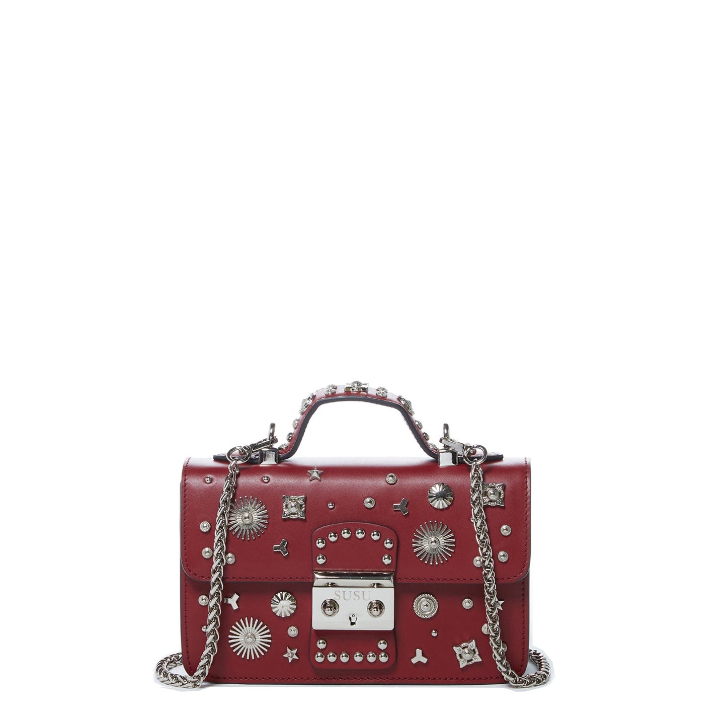SUSU women's burgundy studded leather crossbody bag with silver chain strap