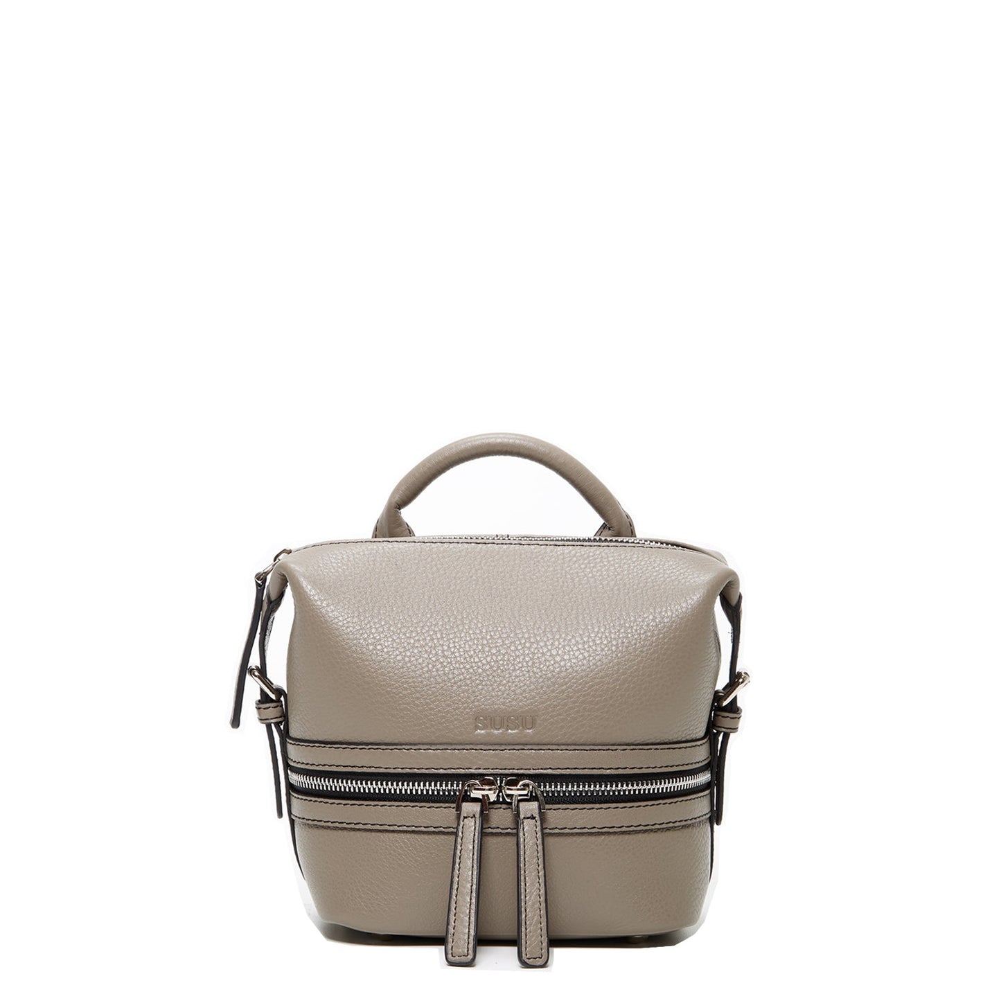 SUSU women's gray pebble leather convertible backpack with silver hardware and tassels