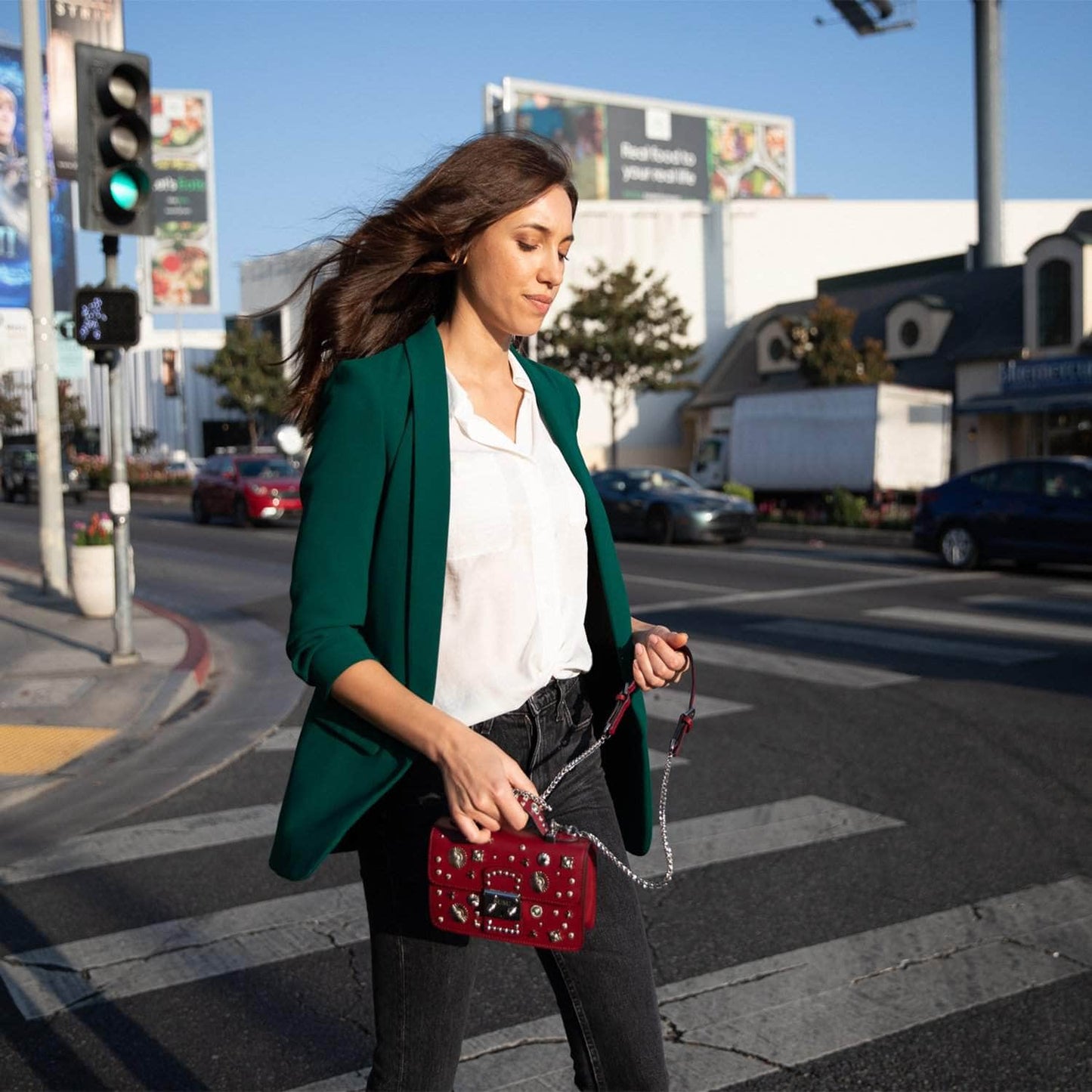Women's Burgundy Studded Leather Crossbody Bag - SUSU Small Purse with Chain Strap - Diazza