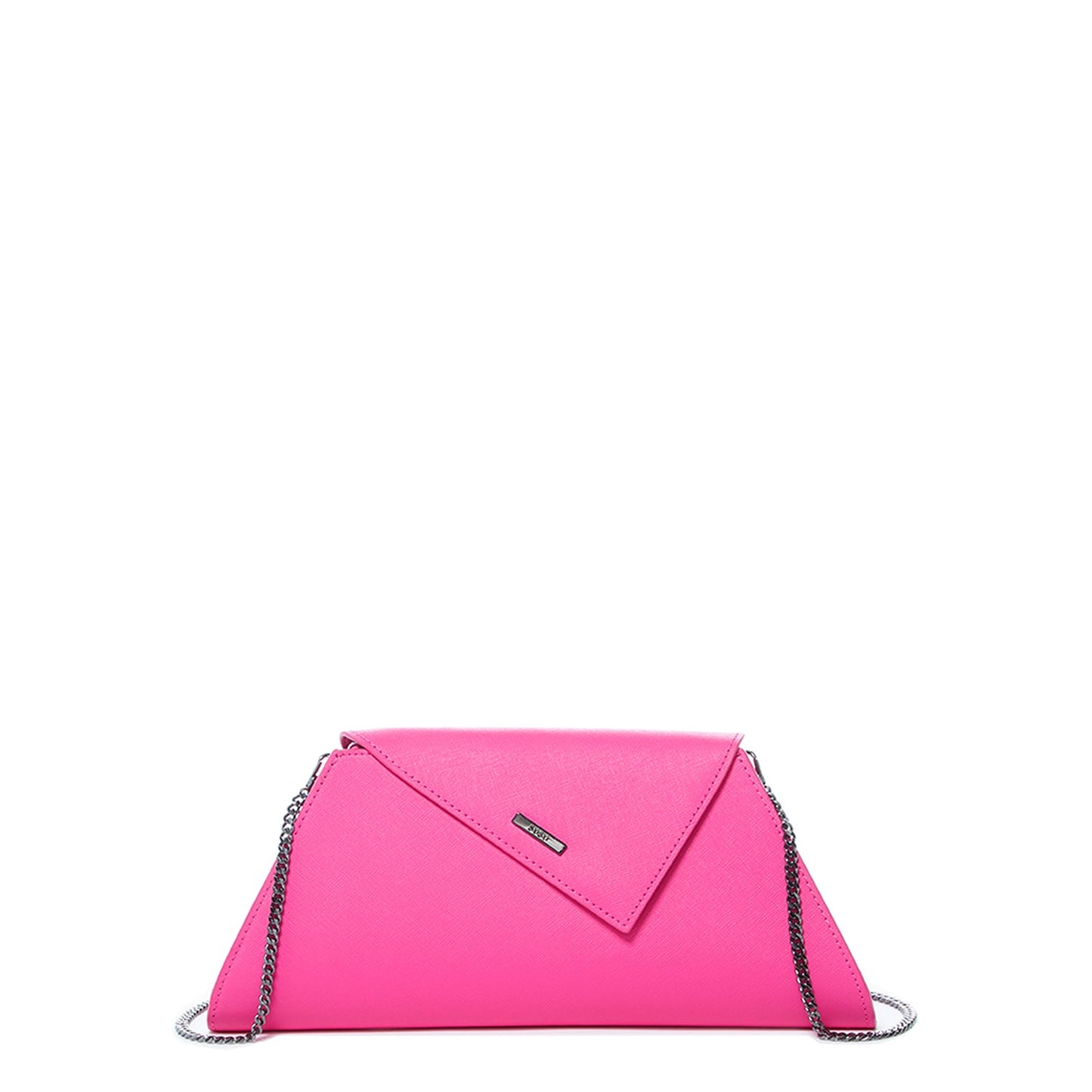 SUSU hot pink leather clutch bag with gunmetal hardware and structured design