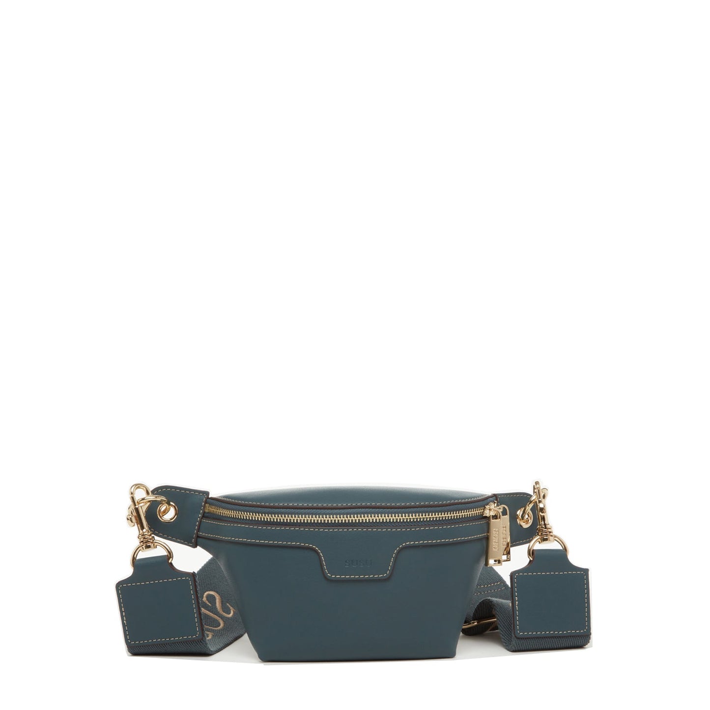 SUSU blue leather crossbody sling bag with premium construction and compact design