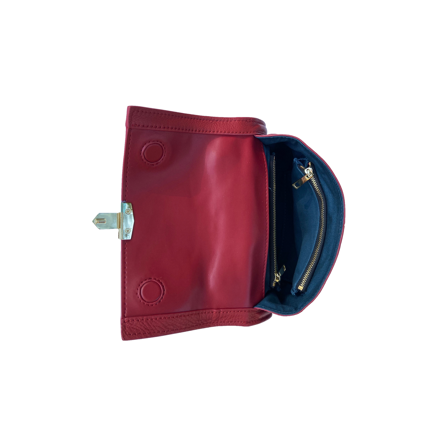 SUSU red leather backpack interior view with teal fabric lining