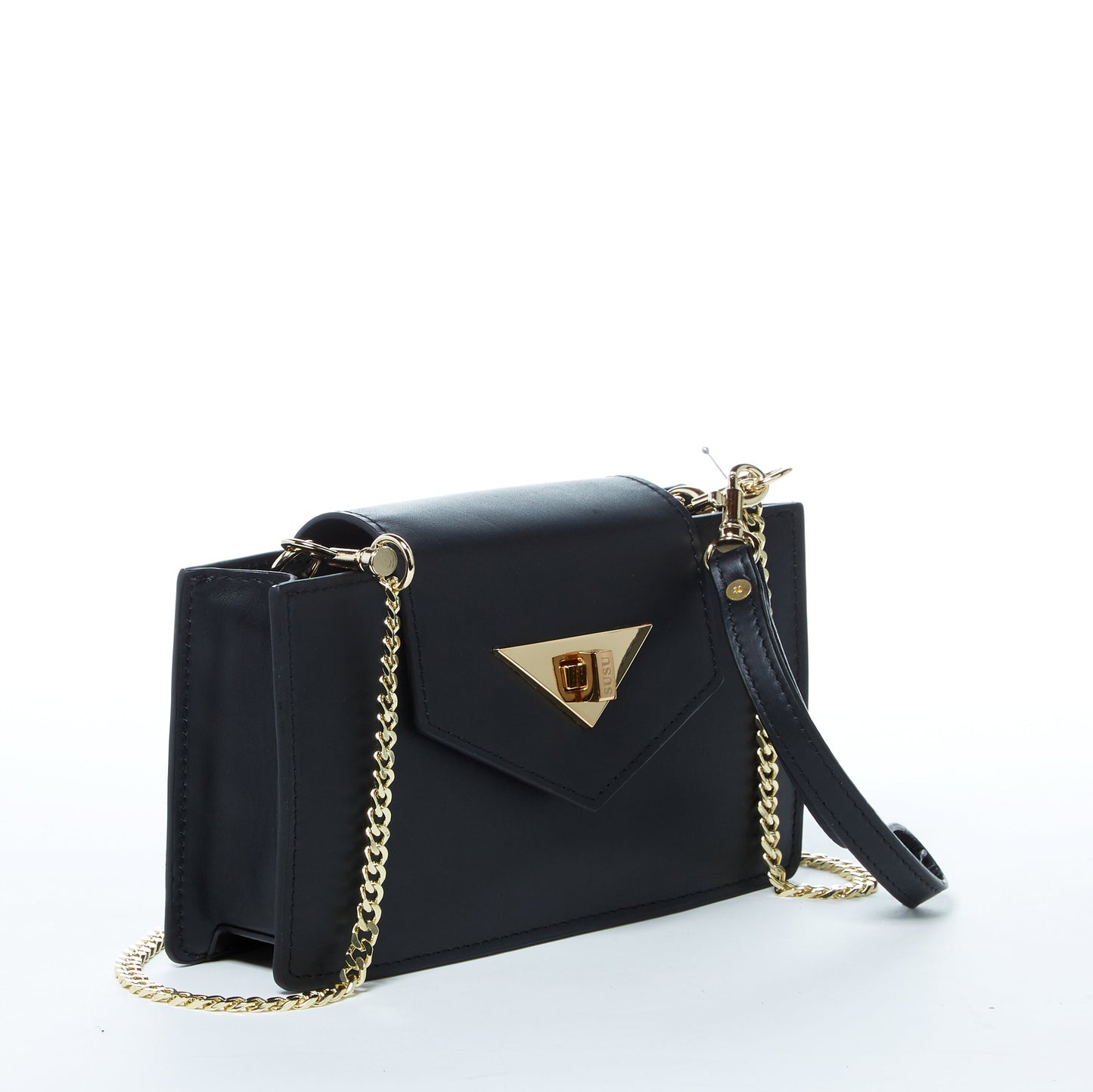 Close-up of SUSU crossbody bag gold twist lock closure and hardware detail