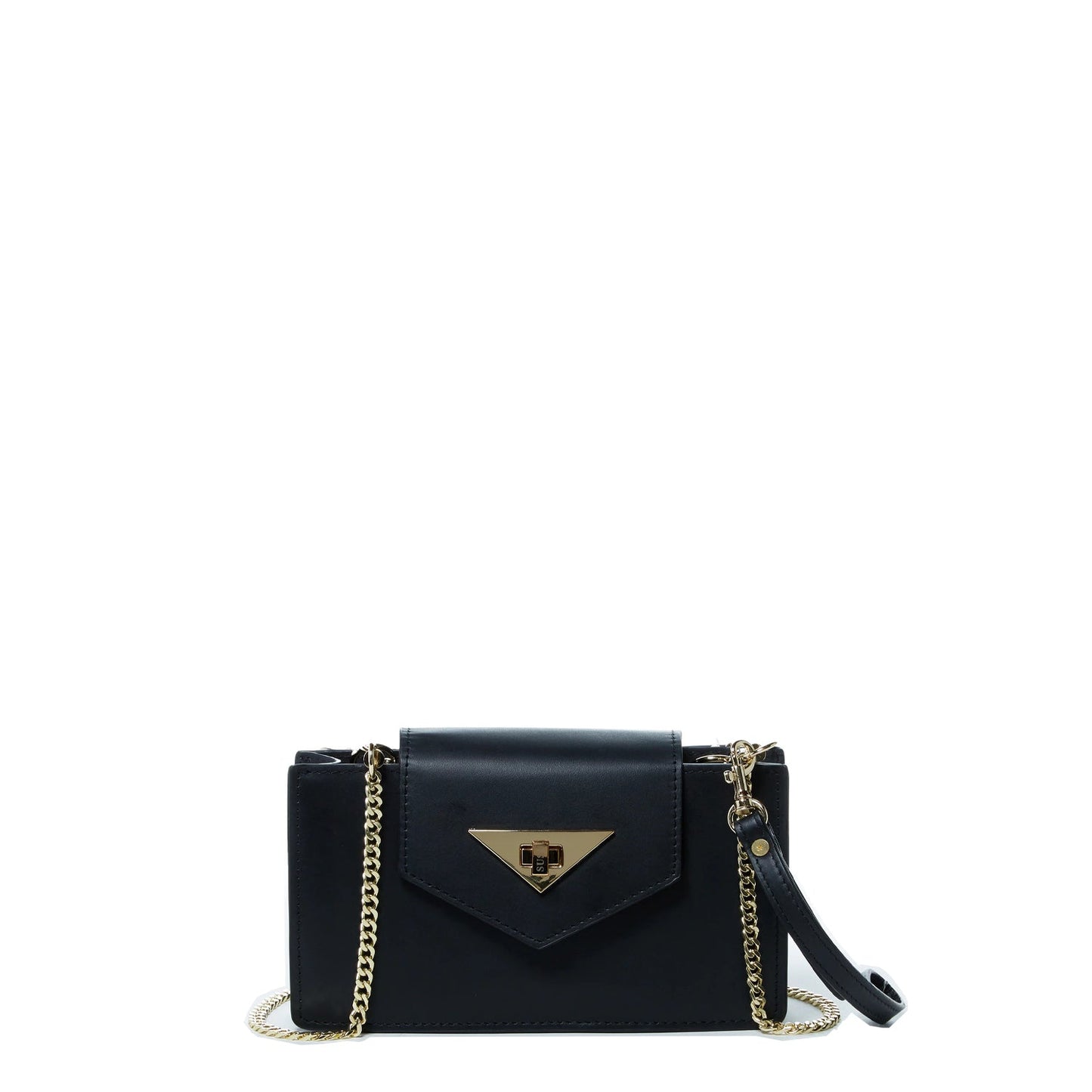 SUSU women's black leather mini crossbody bag with gold chain strap and geometric design