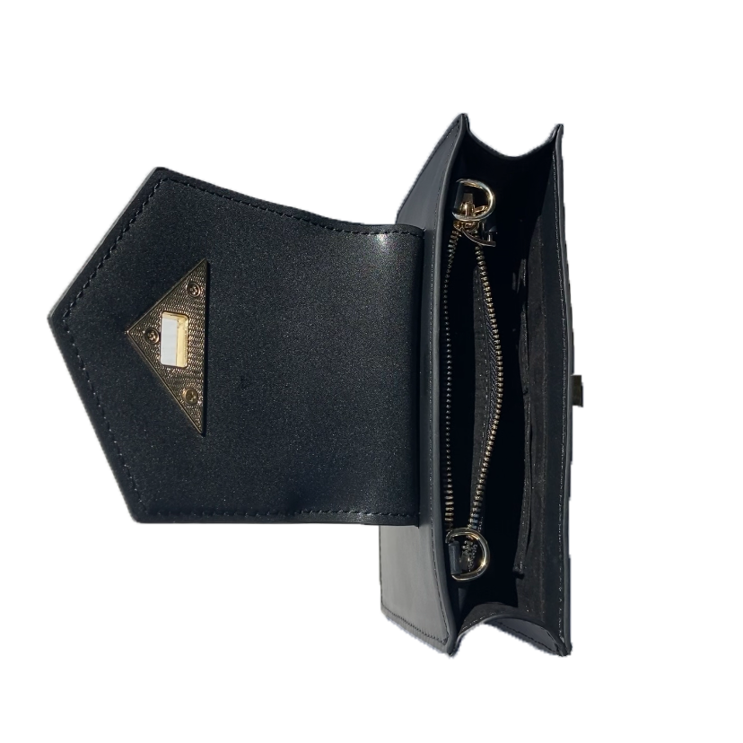 SUSU black leather crossbody bag interior showing 6 credit card slots and zip pocket