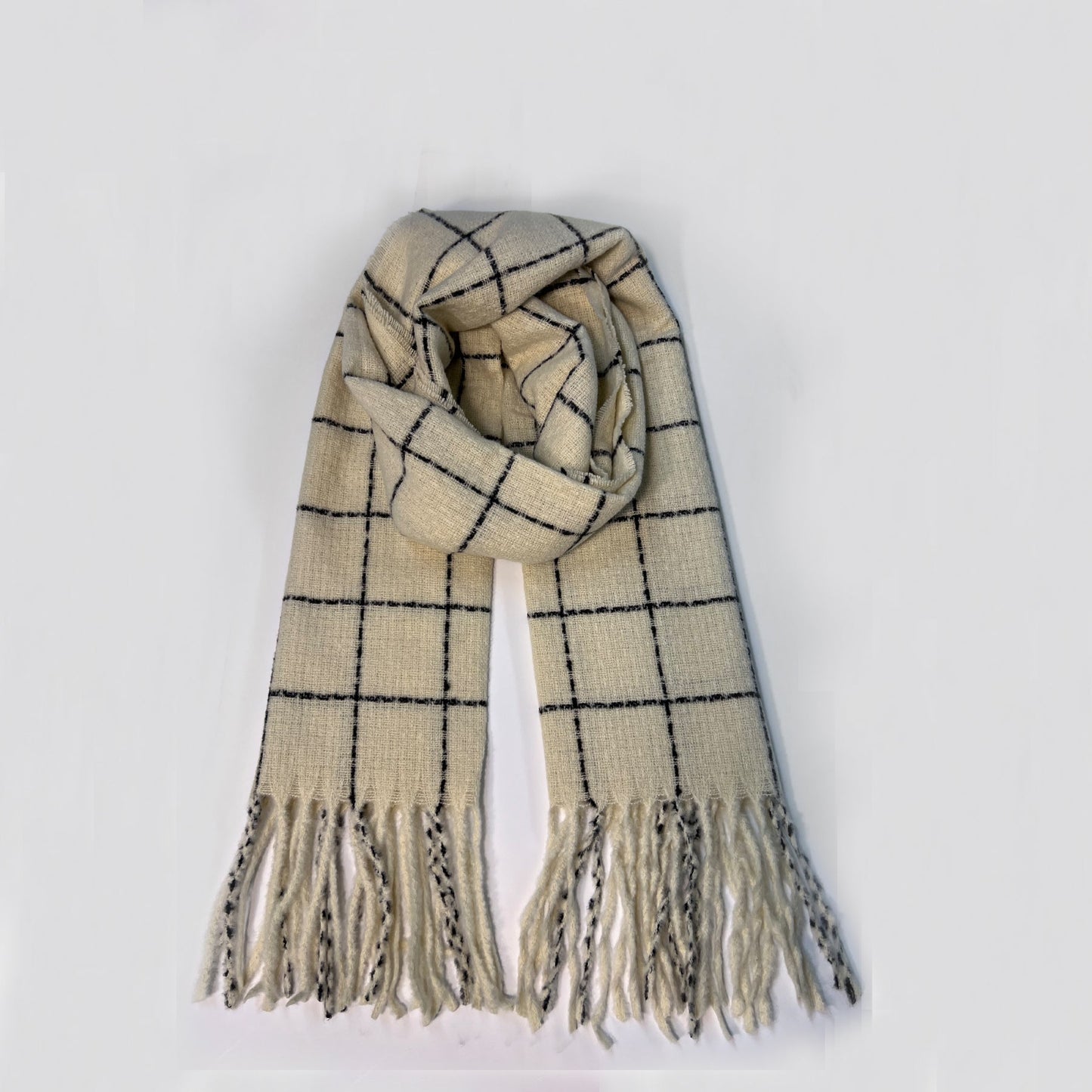 SUSU women's creamy white plaid scarf with fringe detailing 80x25 inches