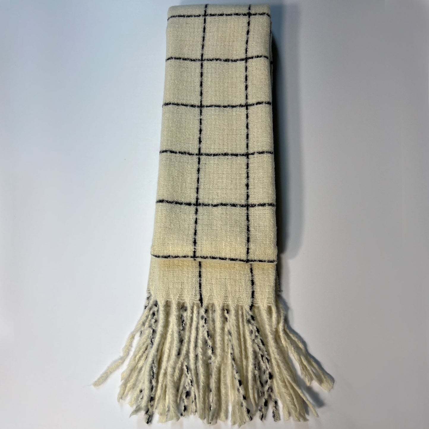 Women's Creamy White Plaid Scarf - Cashmere-Feel Winter Scarf with Fringe 80" x 25" - Diazza