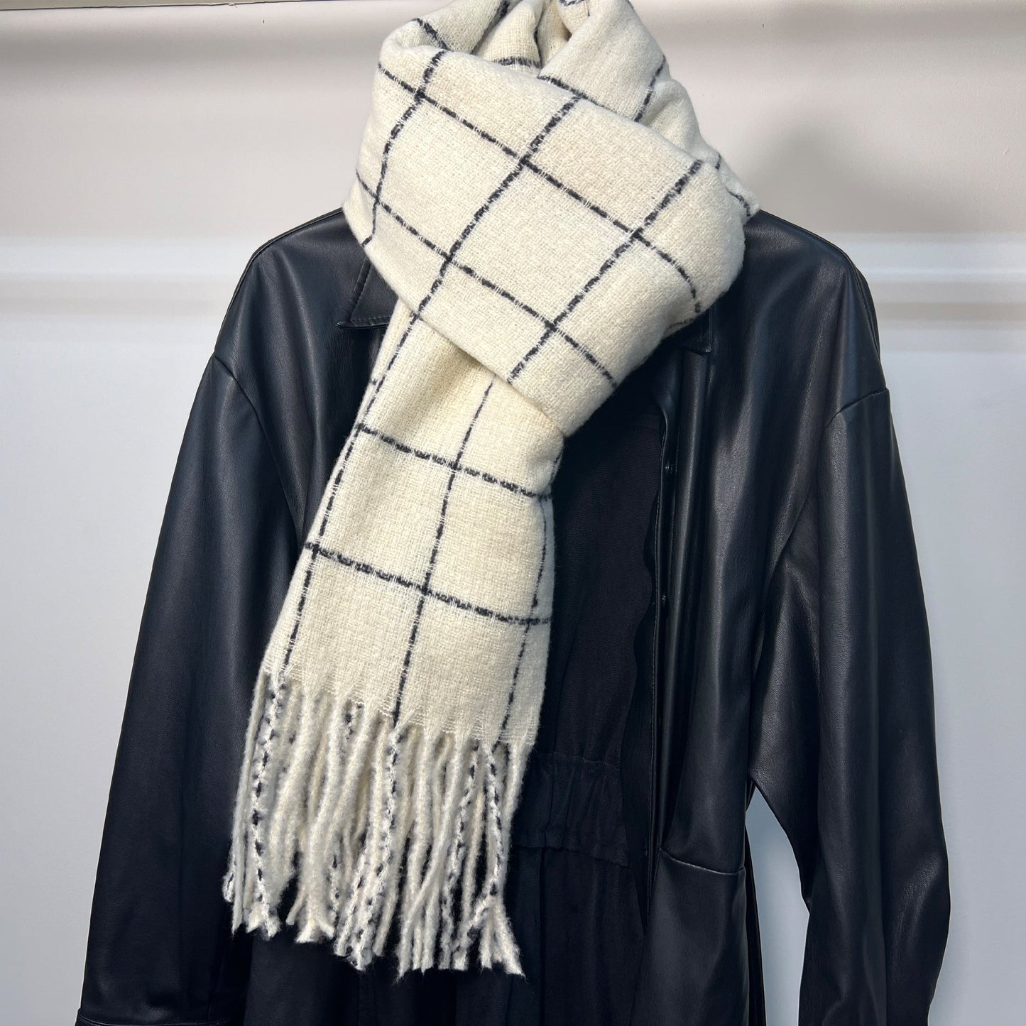 Women's Creamy White Plaid Scarf - Cashmere-Feel Winter Scarf with Fringe 80" x 25" - Diazza