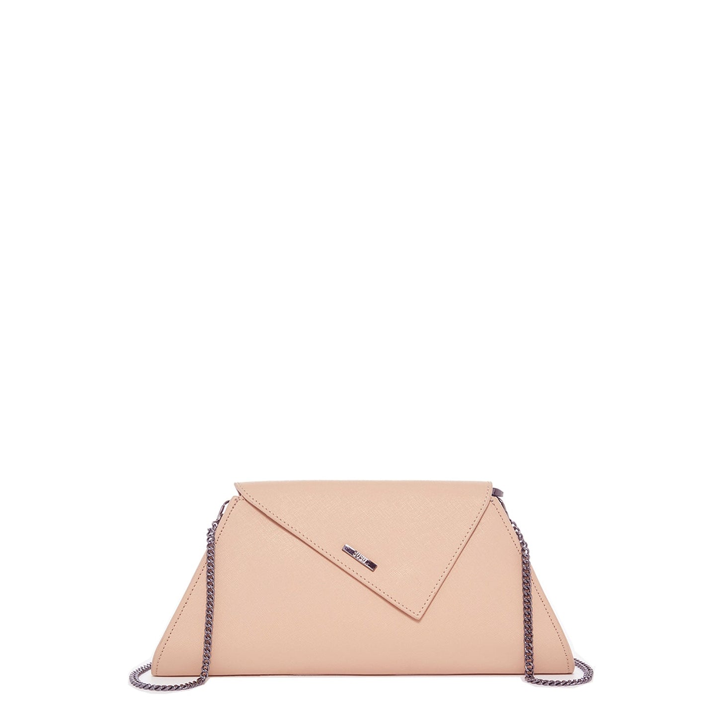 SUSU nude beige leather clutch bag with gunmetal hardware and sophisticated design