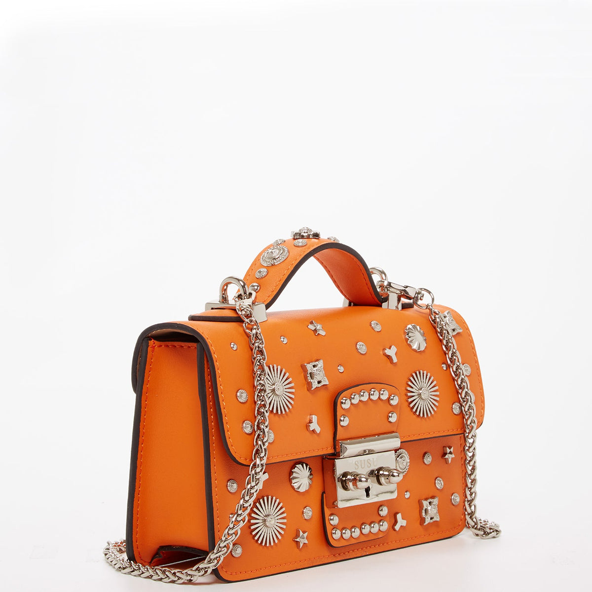 SUSU Hollywood orange studded leather bag showing quirky silver hardware and sophisticated styling
