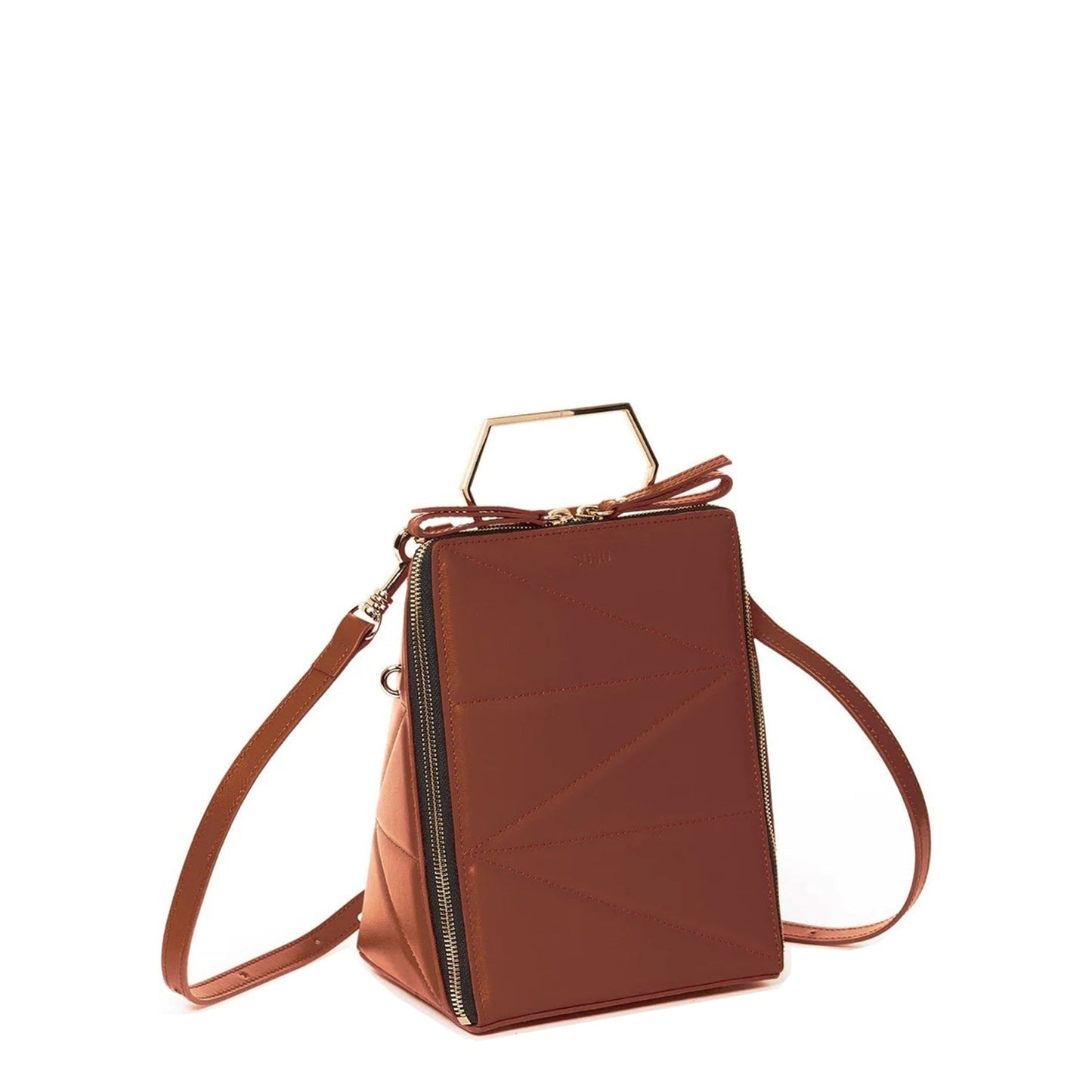 SUSU Heidi amber brown leather convertible backpack with gold hardware and geometric design