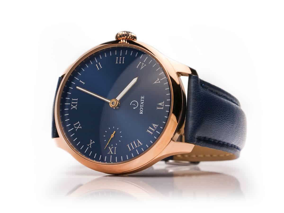 Completed Rotate Galileo mechanical watch showing blue and gold finish