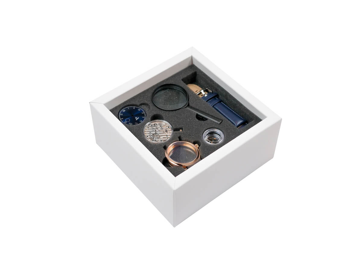 Rotate Galileo watchmaking kit components showing ETA movement and all parts included