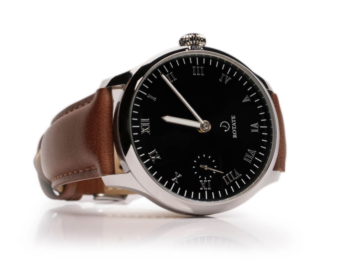 Completed Rotate Wright mechanical watch showing classic black and brown finish