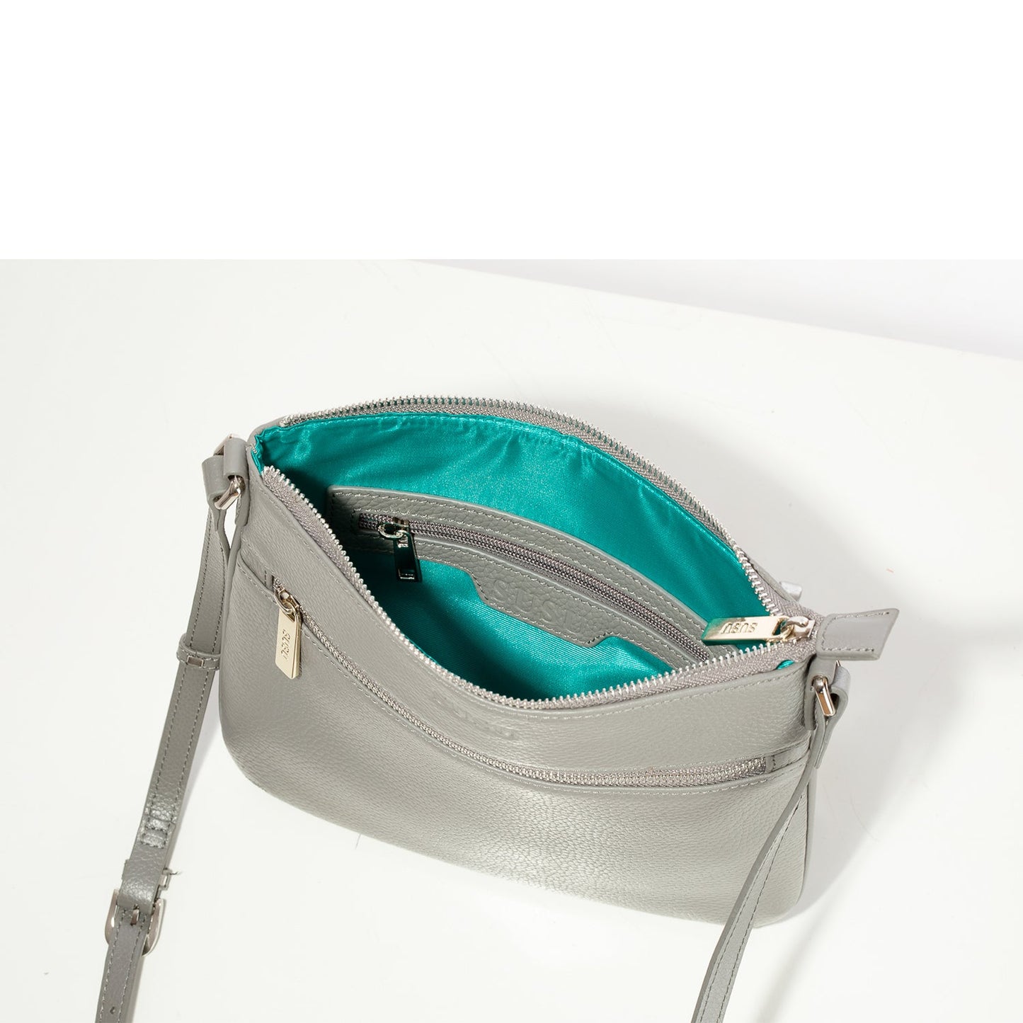 Women's Gray Leather Crossbody Bag - SUSU Saxon Small Messenger Purse - Diazza