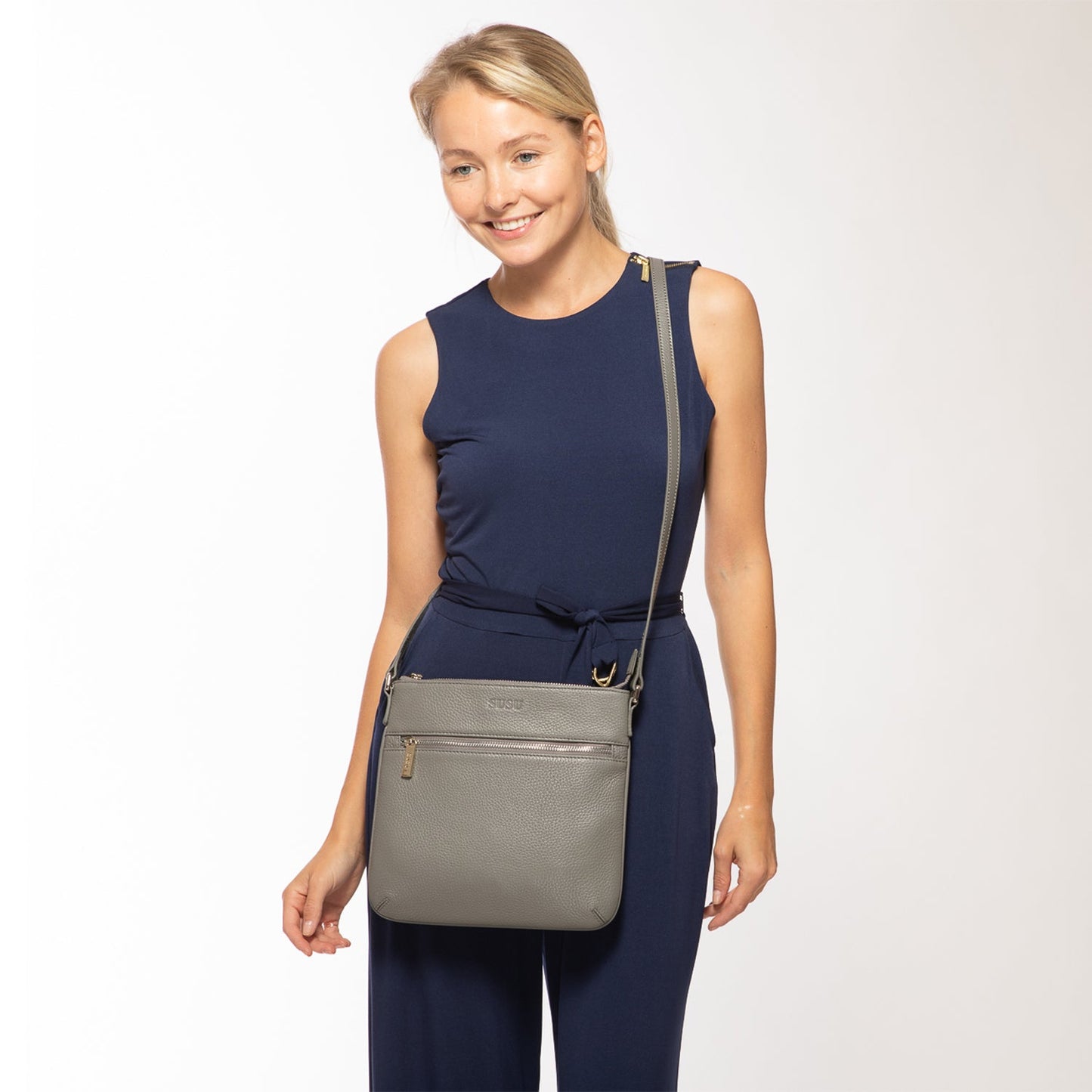 Women's Gray Leather Crossbody Bag - SUSU Saxon Small Messenger Purse - Diazza