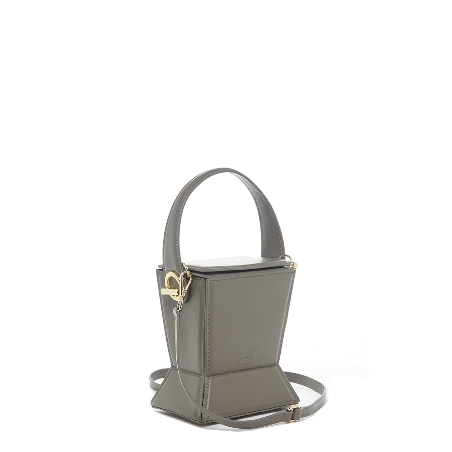 SUSU women's grey leather bucket bag with geometric vase-shaped design and crossbody strap