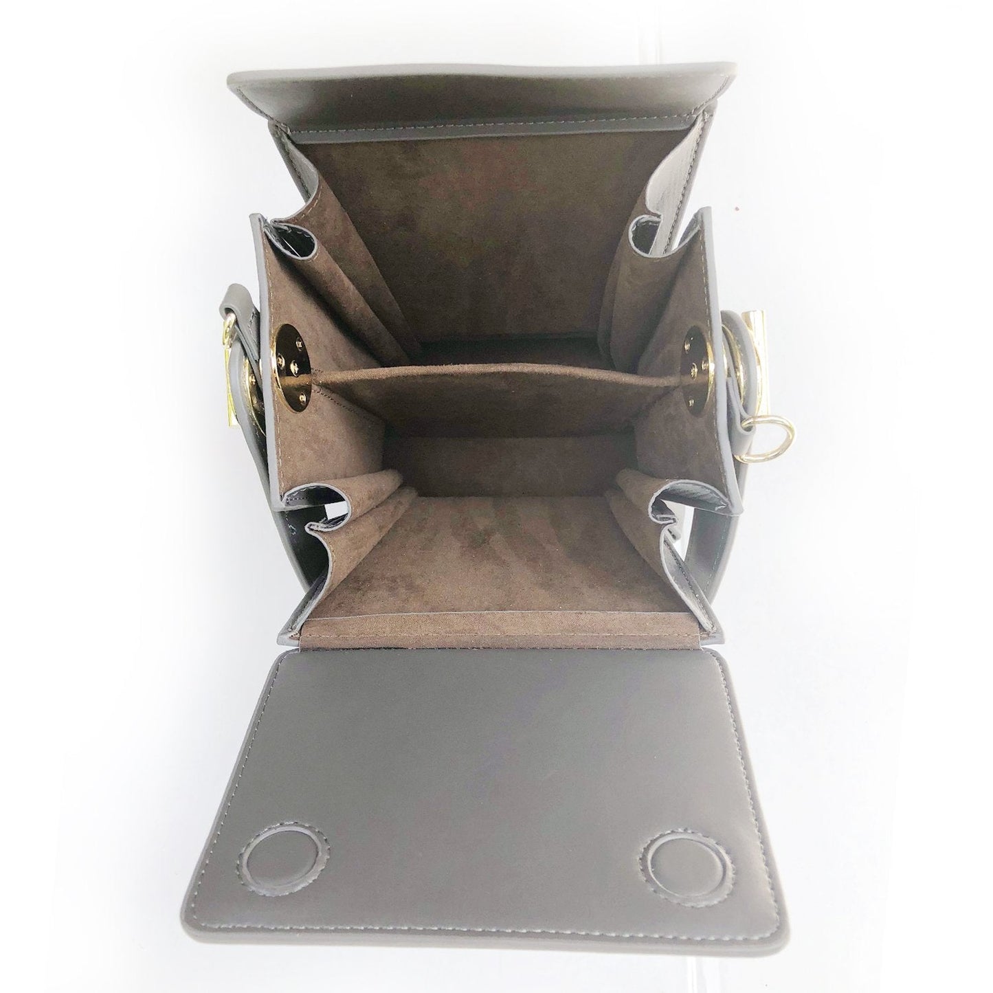 SUSU grey leather bucket bag interior view with coffee cotton lining and accordion expansion
