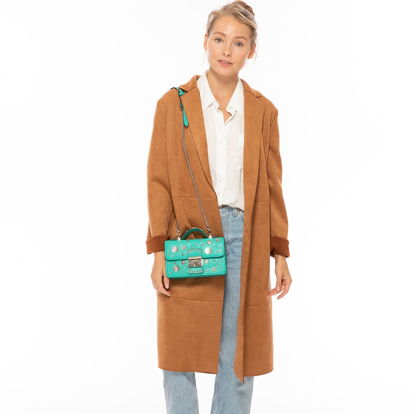 Women's Arcadia Green Studded Leather Small Crossbody Bag - SUSU Hollywood Purse - Diazza