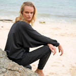 Women's Black Bamboo Fleece Sweater - HALEY Oversized Crewneck with Pockets - Diazza