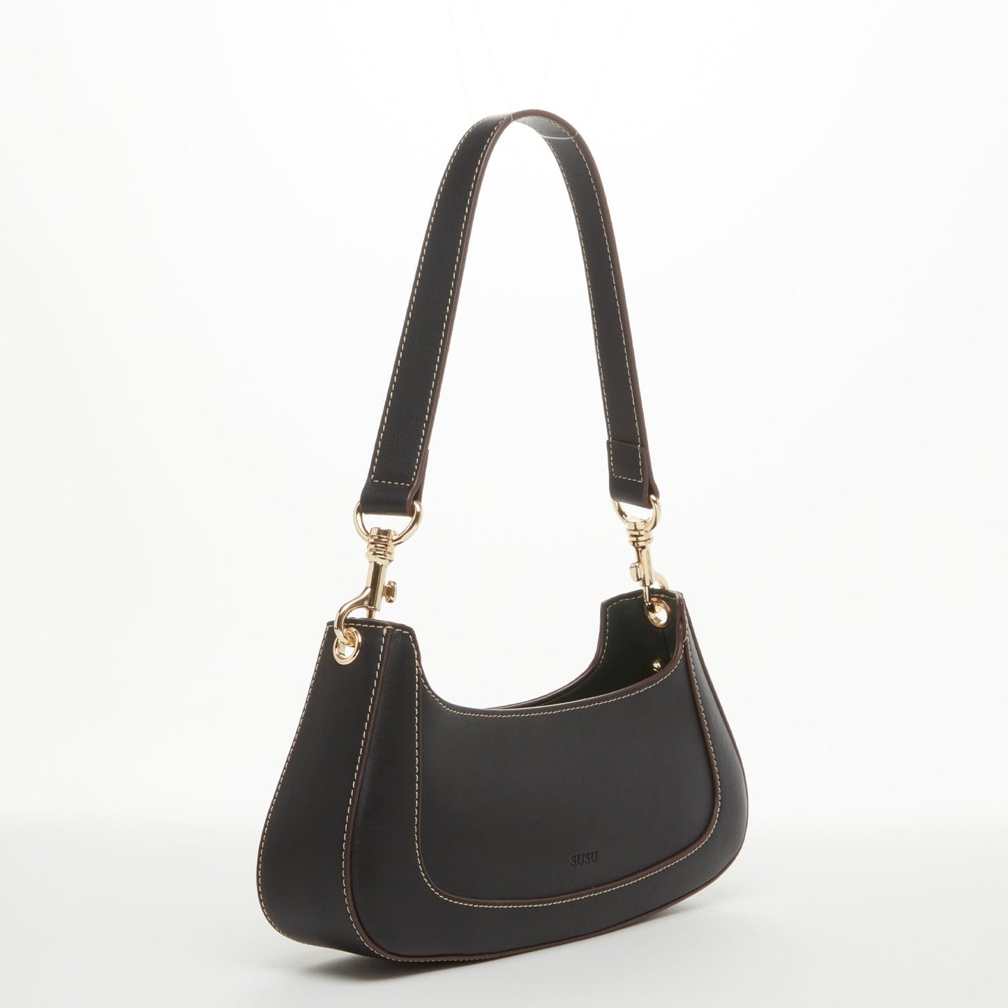 Women's Black Leather Baguette Bag - SUSU Small 90s Y2K Shoulder Purse - Diazza