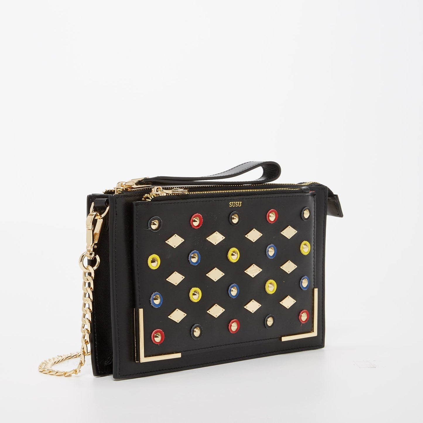 Women's Black Studded Crossbody Clutch - SUSU Austin Convertible Leather Purse - Diazza