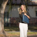 Women's Blue Leather Shoulder Bag - SUSU Ludlow Studded Tote with Zipper - Diazza