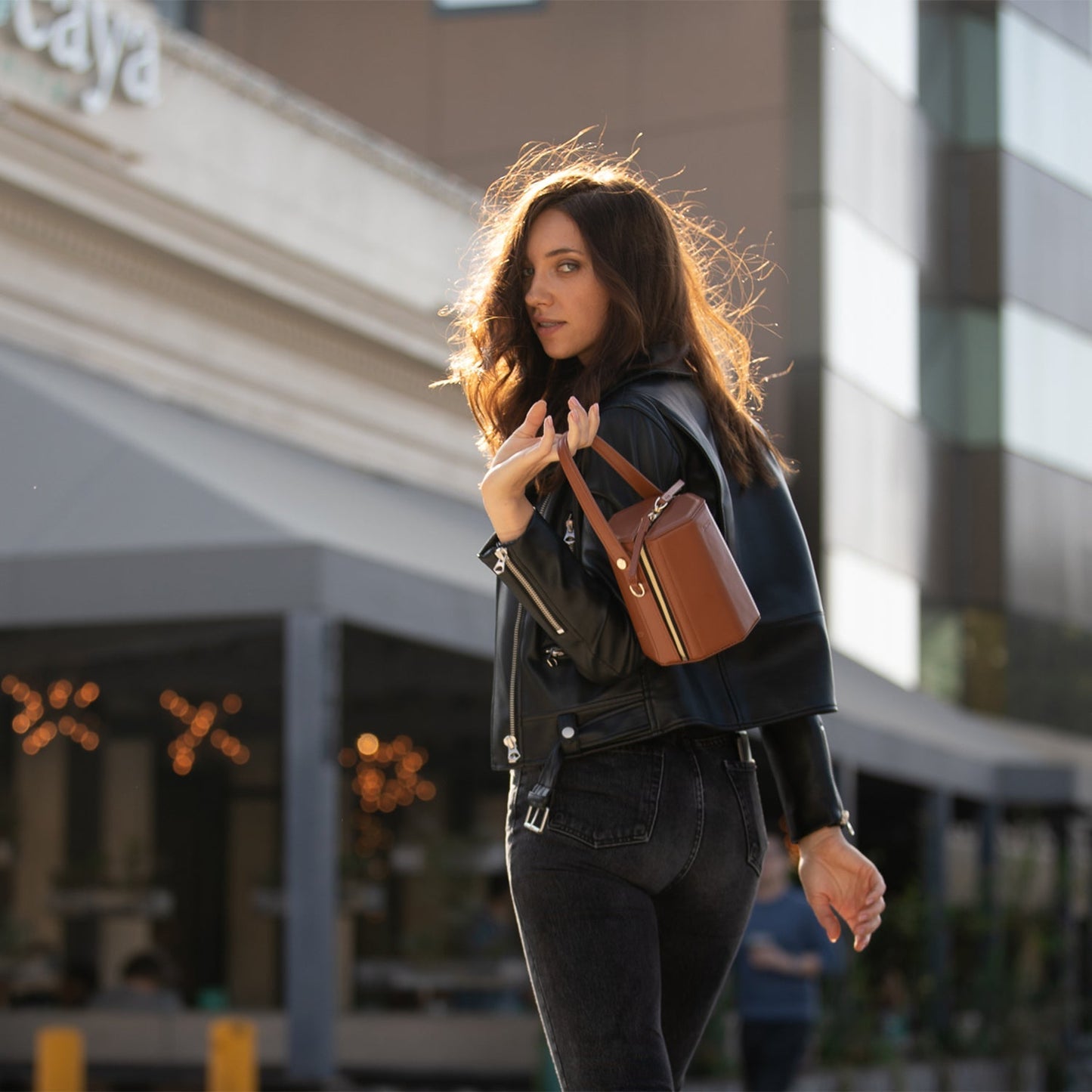 Women's Brown Leather Bucket Bag - SUSU Harper Small Geometric Crossbody Purse - Diazza