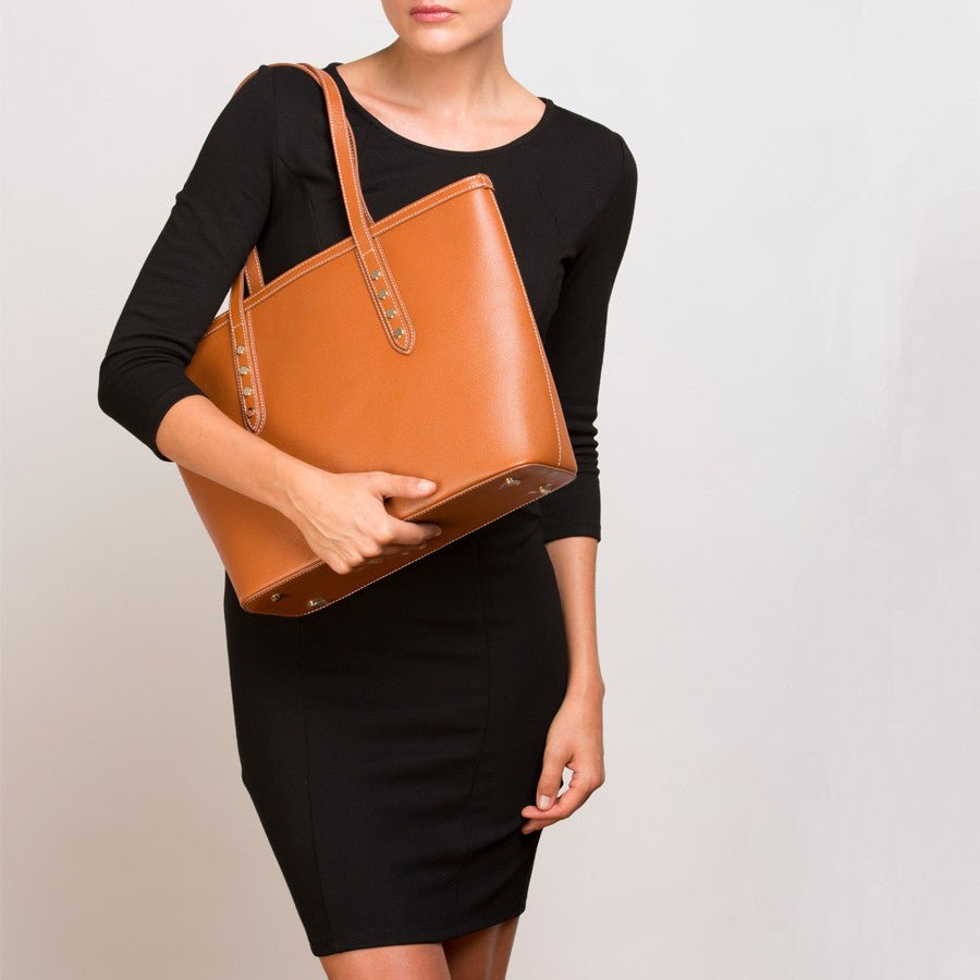 Women's Brown Leather Shoulder Bag - SUSU Ludlow Studded Tote with Zipper - Diazza