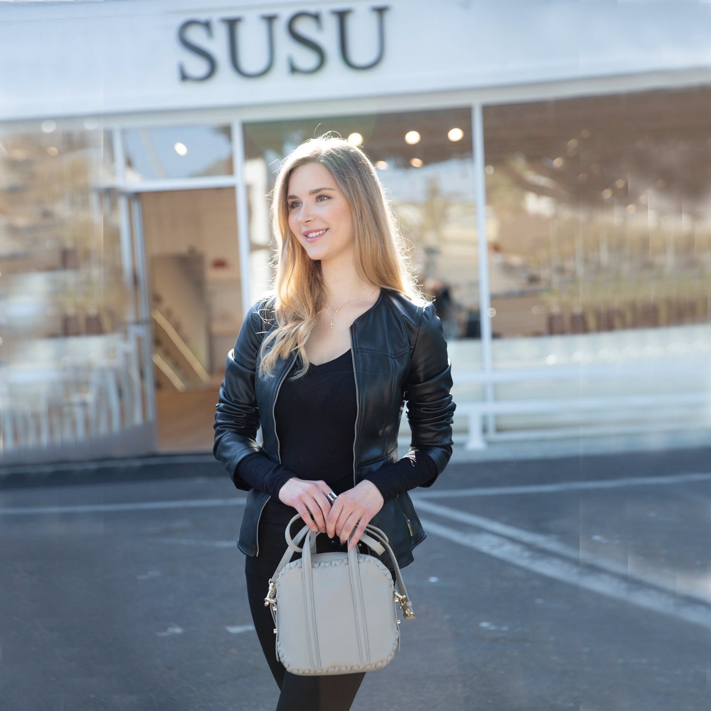 Women's Grayish Beige Leather Crossbody Bag - SUSU Medium Italian Leather Purse - Diazza