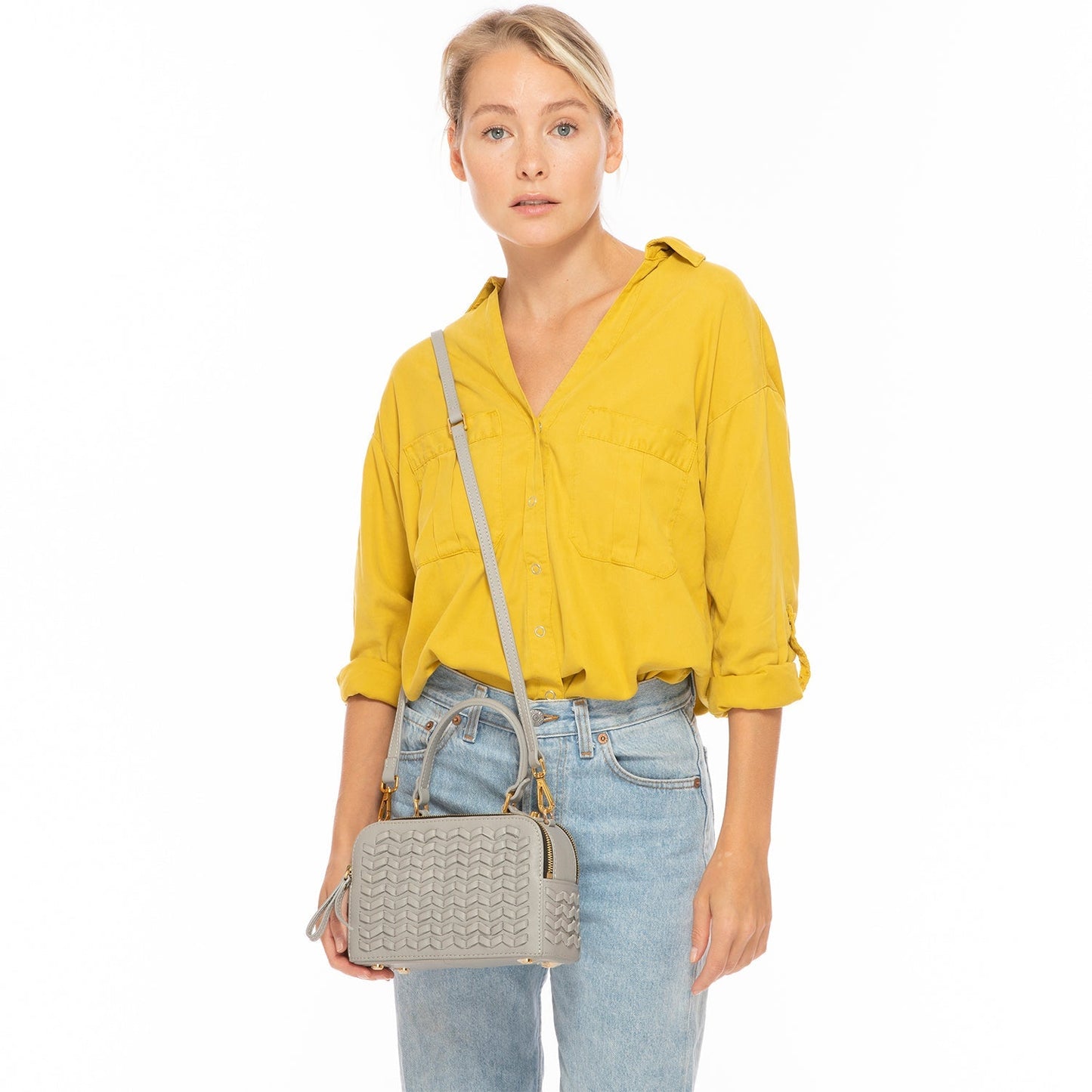 Women's Light Gray Weave Leather Crossbody Purse - Kayla Italian Leather Handbag - Diazza