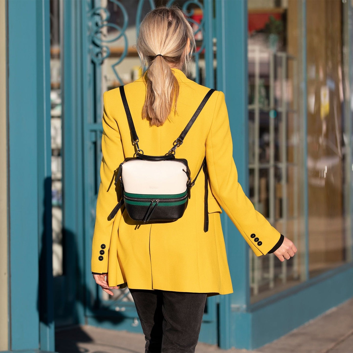Women's Off White Green Black Leather Convertible Backpack - SUSU Ashley Medium Purse - Diazza