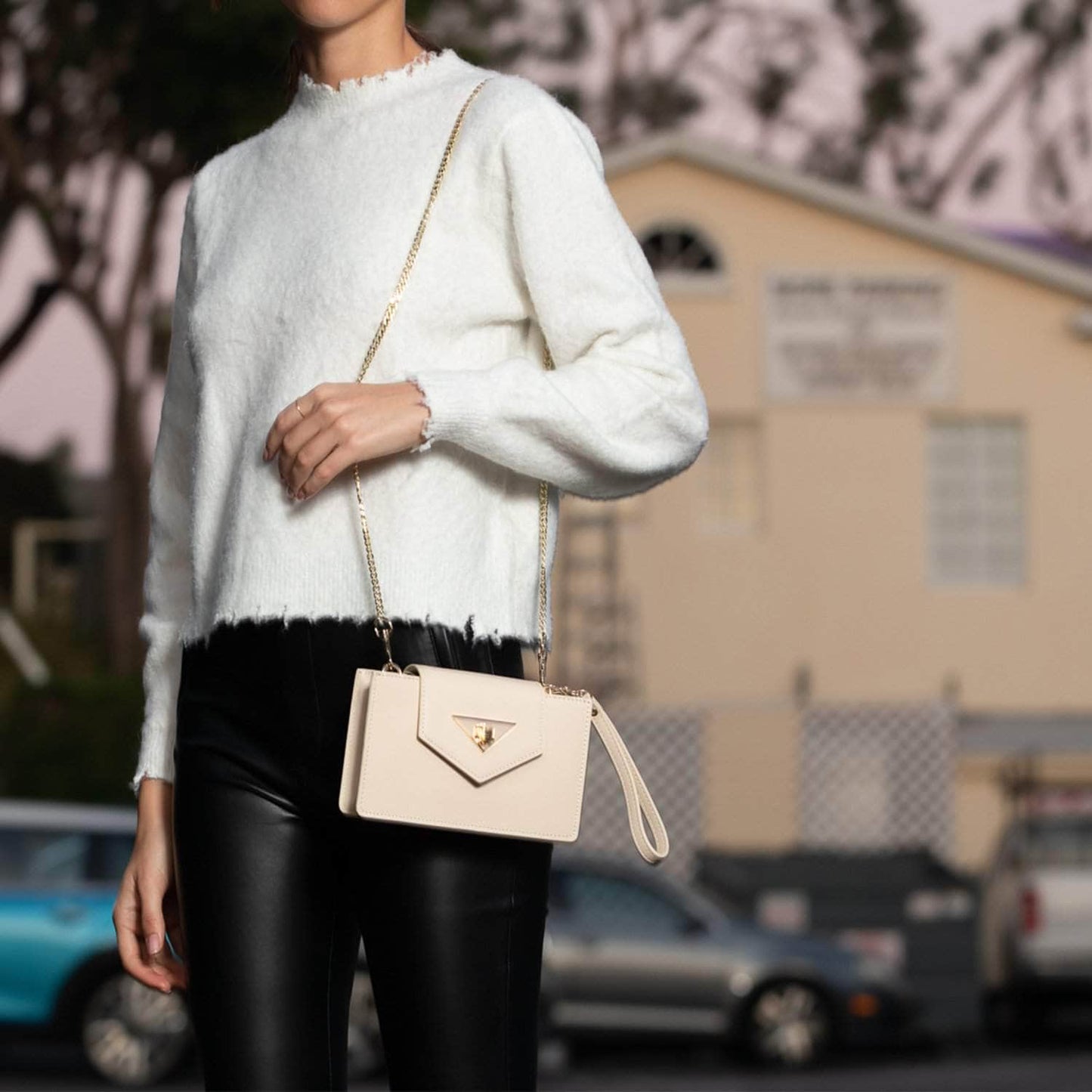 Women's Off White Leather Mini Crossbody Bag - SUSU Mary Wristlet Purse - Diazza