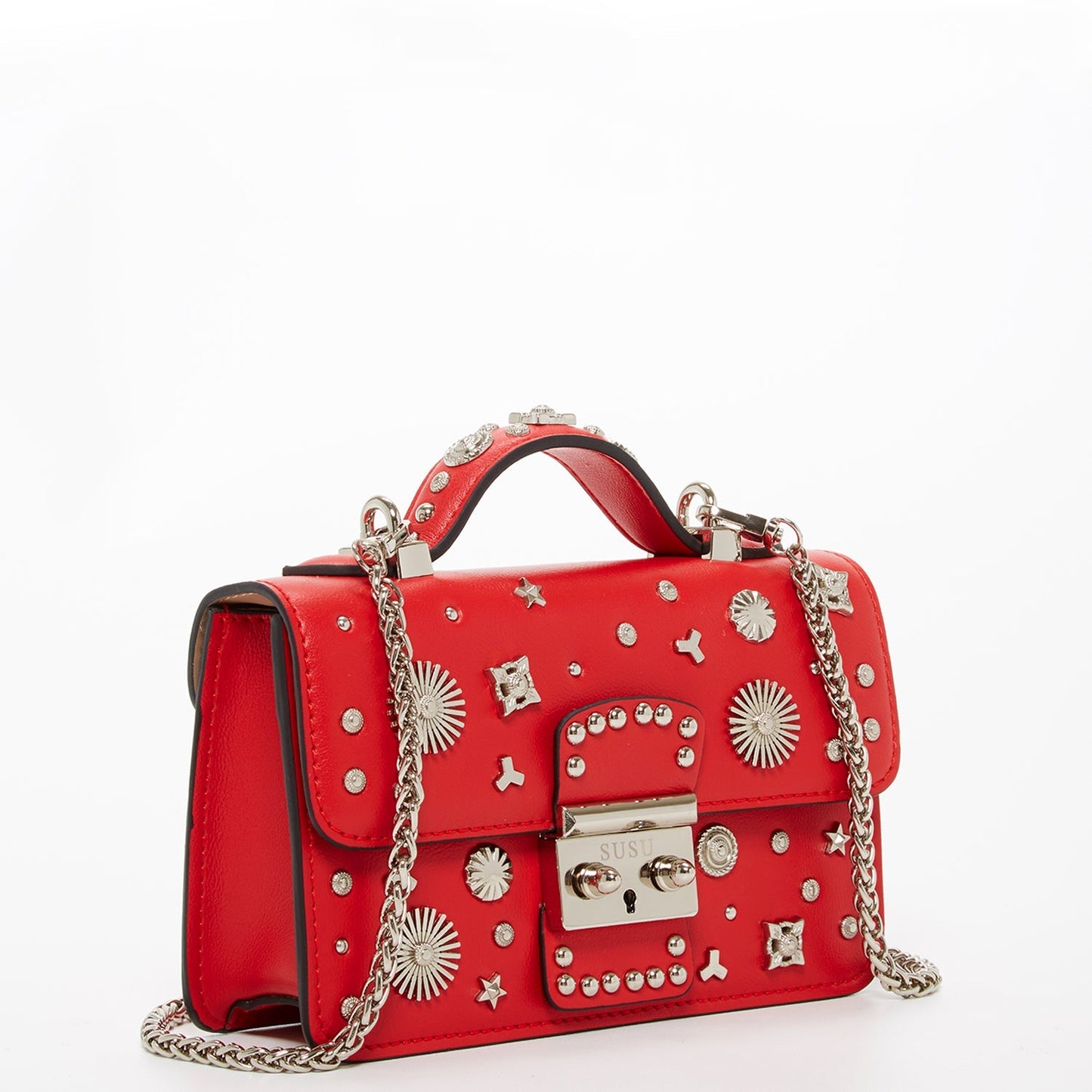 Women's Red Studded Leather Crossbody Bag - SUSU Hollywood Mini Purse - Diazza
