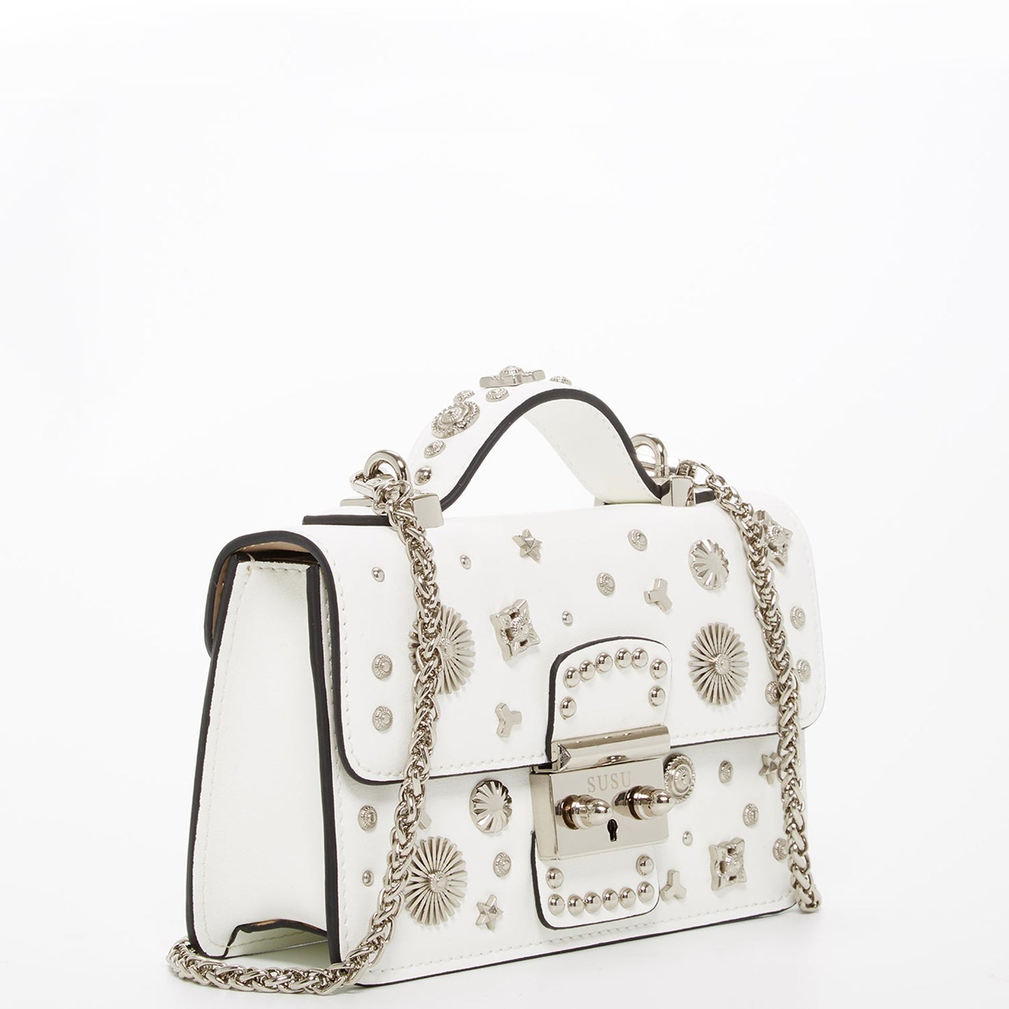 Women's White Leather Crossbody Bag - SUSU Hollywood Small Studded Purse - Diazza