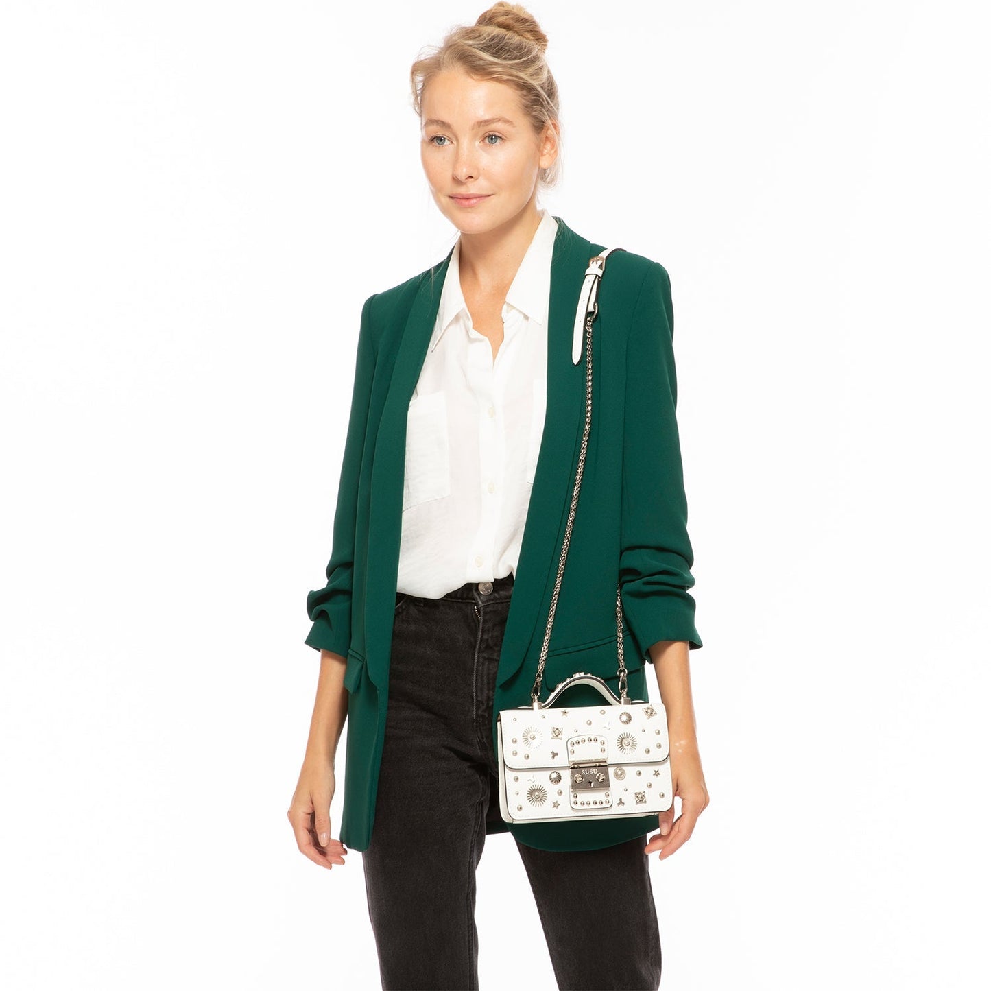 Women's White Leather Crossbody Bag - SUSU Hollywood Small Studded Purse - Diazza