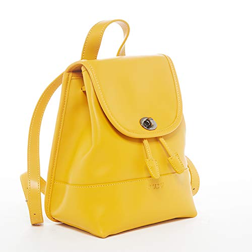 Close-up of SUSU yellow leather backpack drawstring and flap closure mechanism