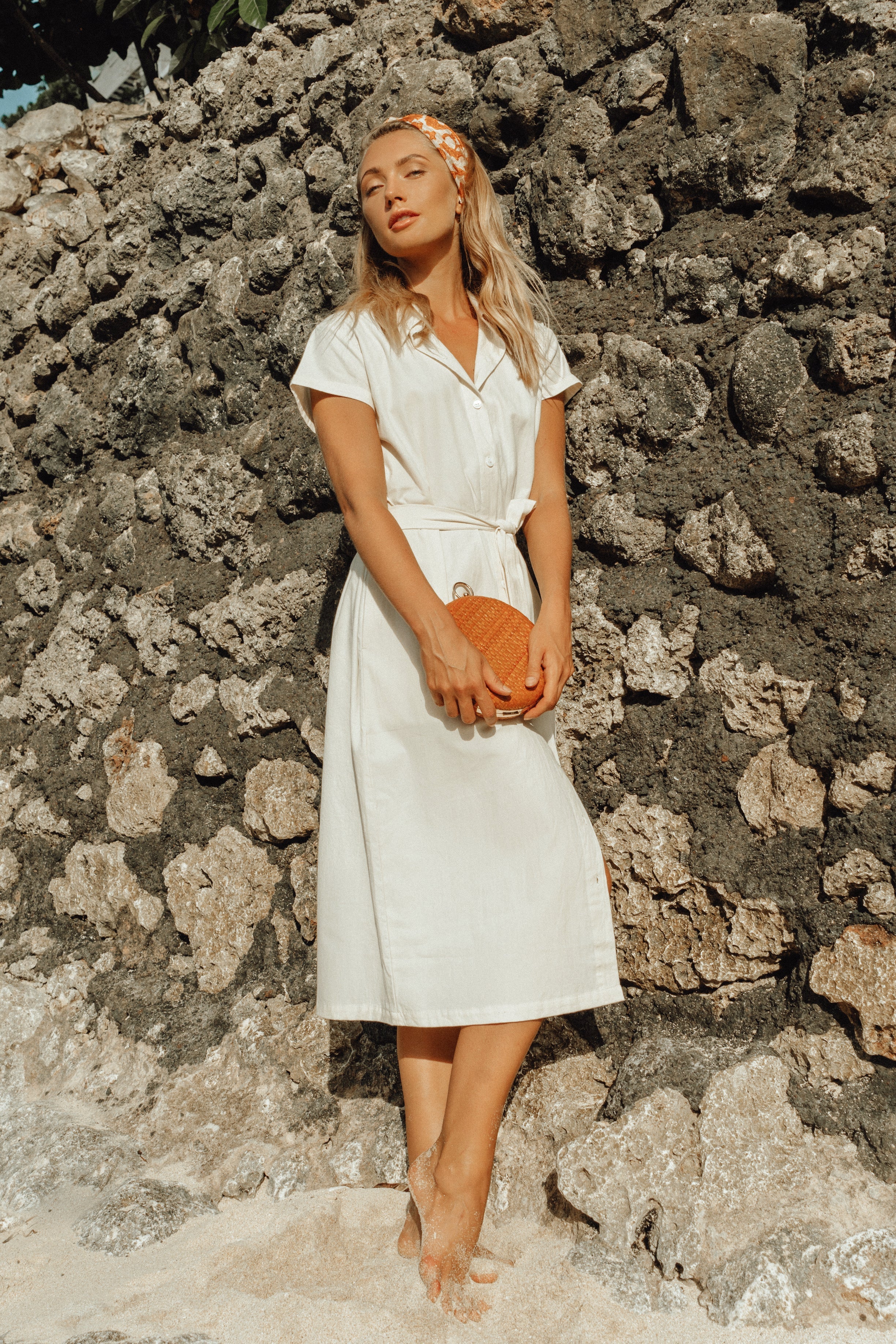 ARYA Safari Linen Midi Dress In Off White BrunnaCo