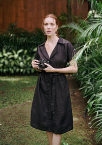 ARYA Safari Linen Midi Dress, in Black BrunnaCo