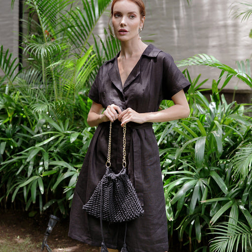 ARYA Safari Linen Midi Dress, in Black BrunnaCo