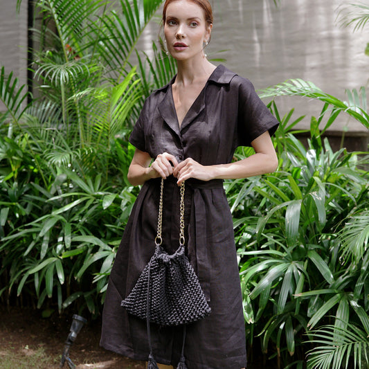 ARYA Safari Linen Midi Dress, in Black BrunnaCo