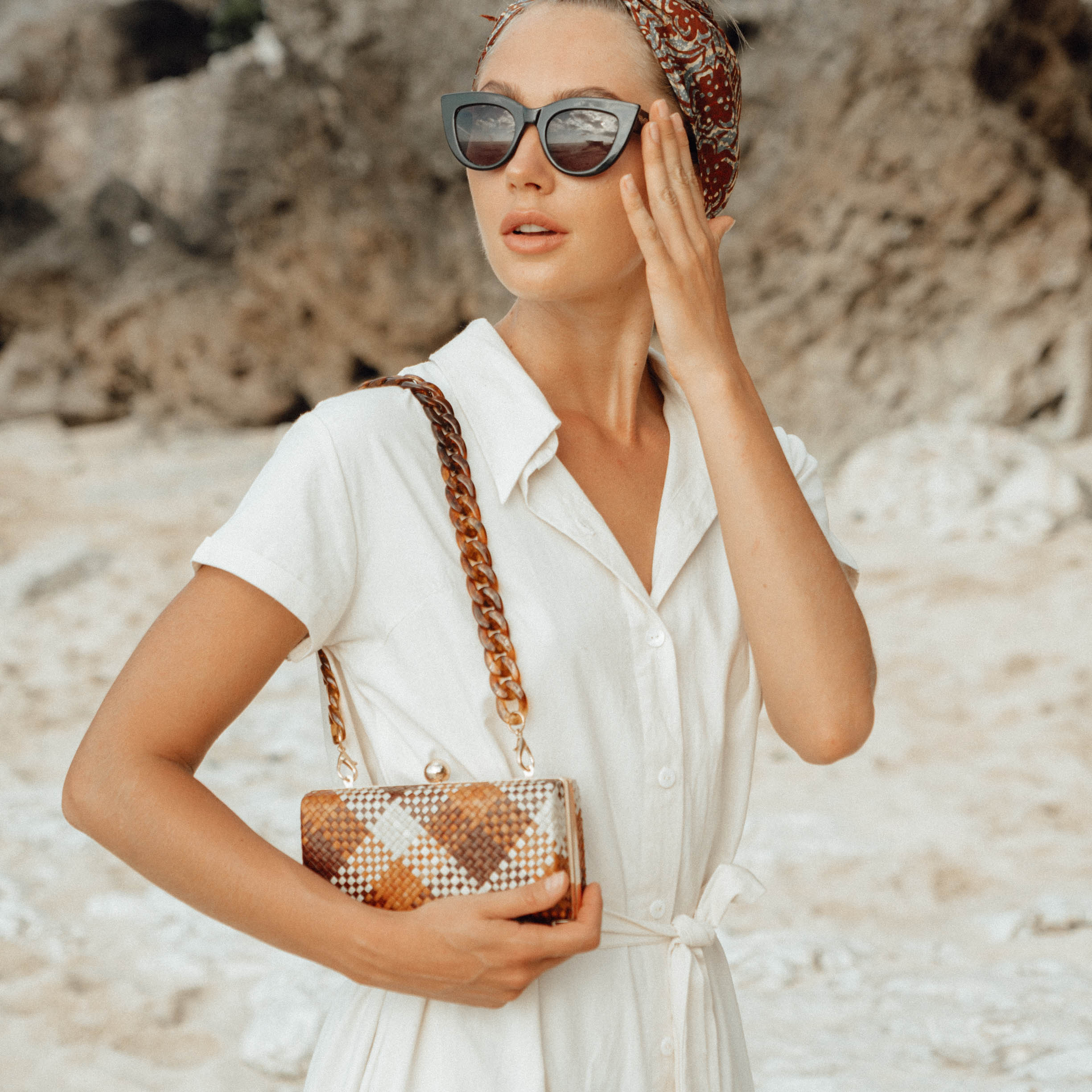 ARYA Safari Linen Midi Dress In Off White BrunnaCo