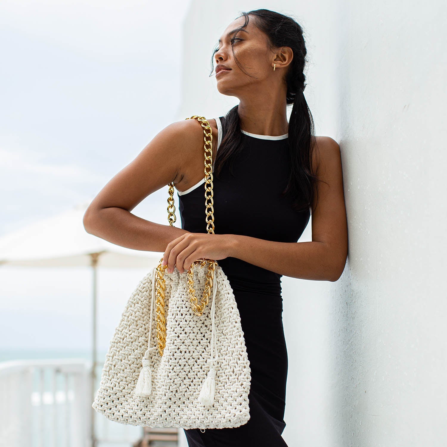 The Colette Macrame Beach Bag In Off-White BrunnaCo