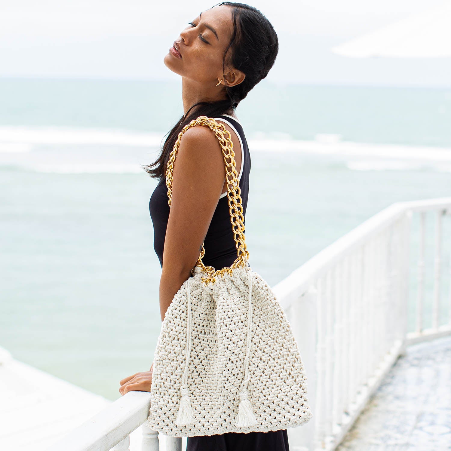 The Colette Macrame Beach Bag In Off-White BrunnaCo